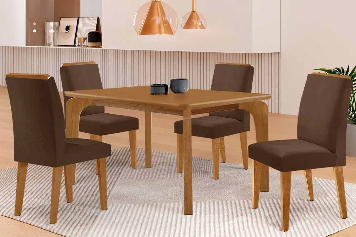 Sala de Jantar Completa Londrina c/ Tampo Madeirado Canto Curvo 120x90cm e 4 Cadeiras Dakota Madeira Maciça - Rufato