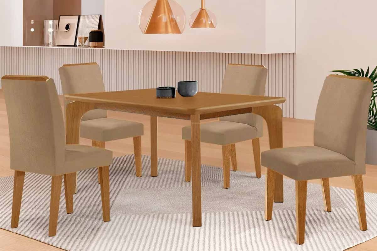 Sala de Jantar Completa Londrina c/ Tampo Madeirado Canto Curvo 120x90cm e 4 Cadeiras Dakota Madeira Maciça - Rufato