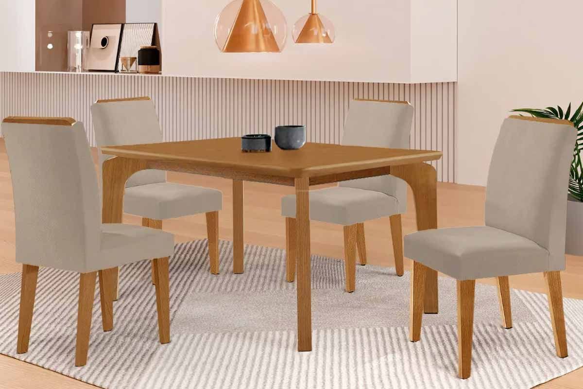 Sala de Jantar Completa Londrina c/ Tampo Madeirado Canto Curvo 120x90cm e 4 Cadeiras Dakota Madeira Maciça - Rufato