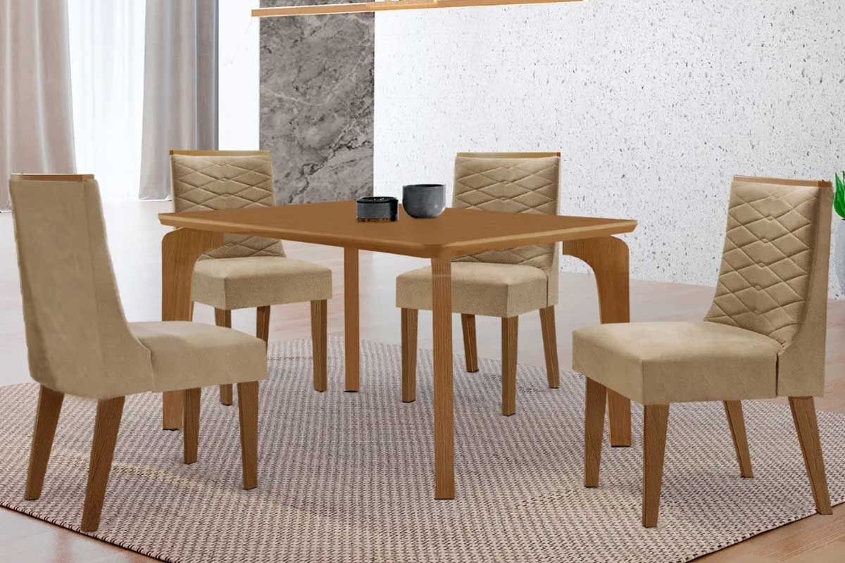 Sala Jantar Mesa Londrina Tampo Curvo 120cm+4 Cadeiras Maldivas Madeira - Rufato