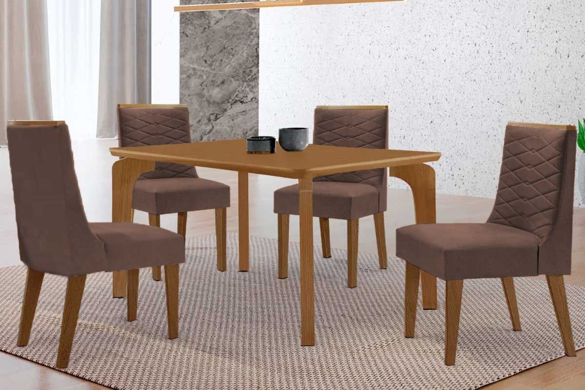 Sala Jantar Mesa Londrina Tampo Curvo 120cm+4 Cadeiras Maldivas Madeira - Rufato