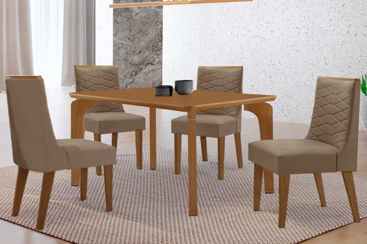 Sala Jantar Mesa Londrina Tampo Curvo 120cm+4 Cadeiras Maldivas Madeira - Rufato