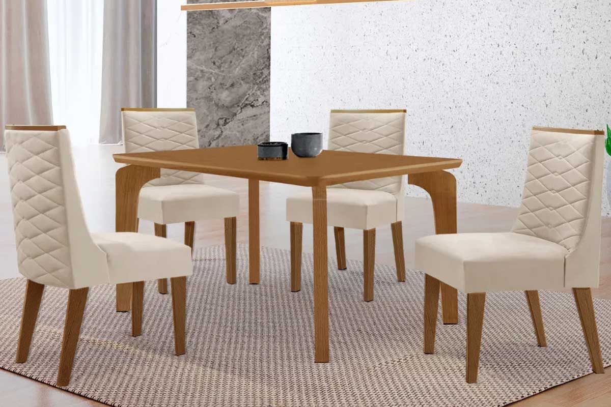 Sala Jantar Mesa Londrina Tampo Curvo 120cm+4 Cadeiras Maldivas Madeira - Rufato