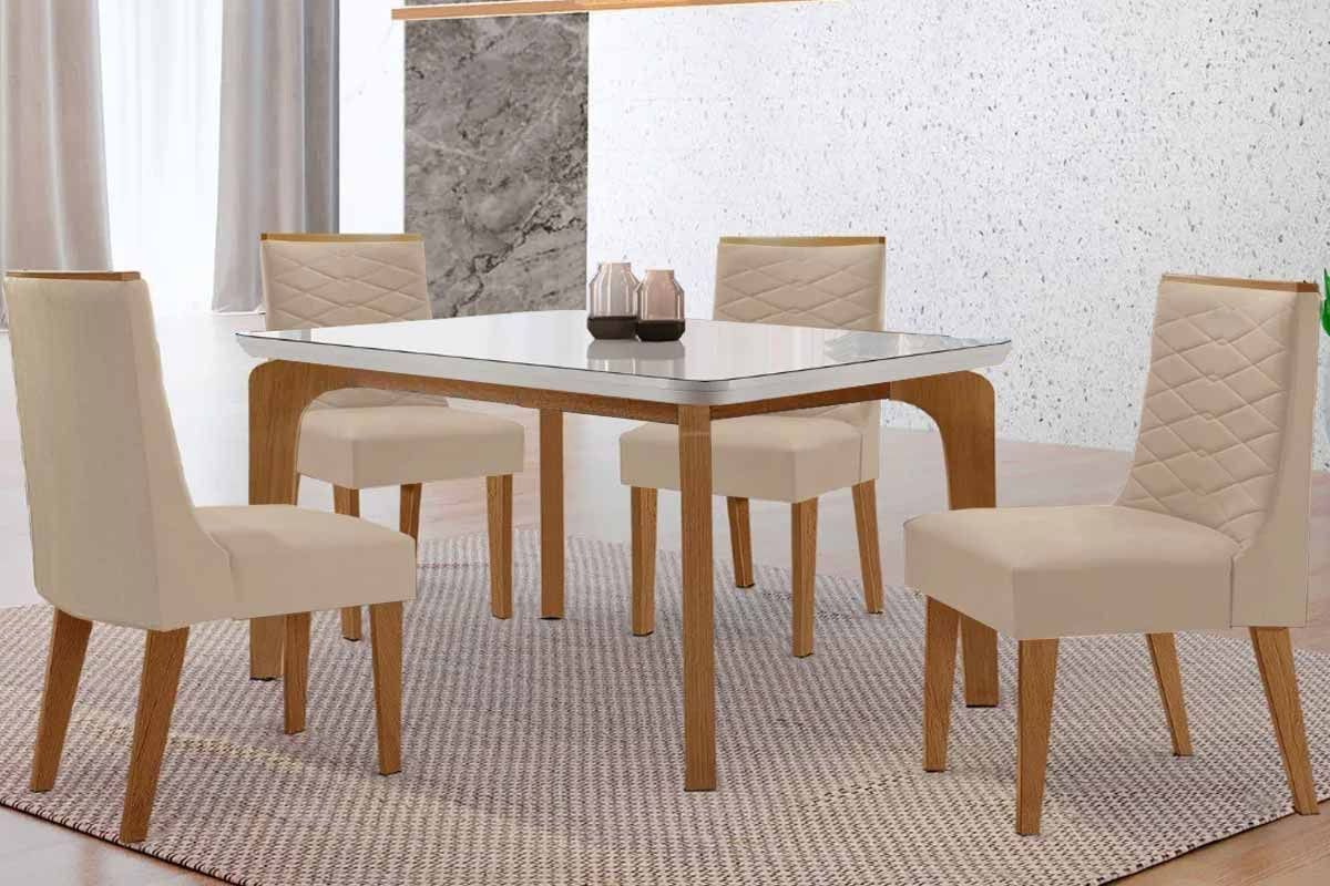 Sala Jantar Mesa Londrina Tampo c/ Vidro Curvo 120cm 4 Cadeiras Maldivas Madeira - Rufato
