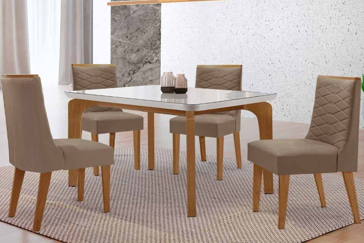 Sala Jantar Mesa Londrina Tampo c/ Vidro Curvo 120cm 4 Cadeiras Maldivas Madeira - Rufato