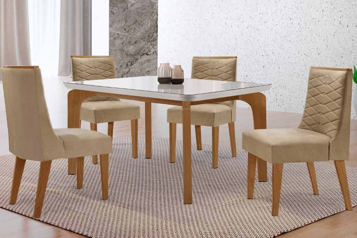 Sala Jantar Mesa Londrina Tampo c/ Vidro Curvo 120cm 4 Cadeiras Maldivas Madeira - Rufato