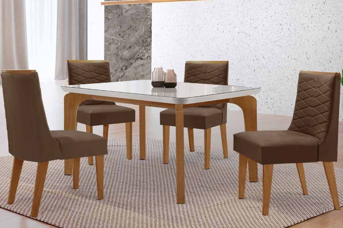 Sala Jantar Mesa Londrina Tampo c/ Vidro Curvo 120cm 4 Cadeiras Maldivas Madeira - Rufato