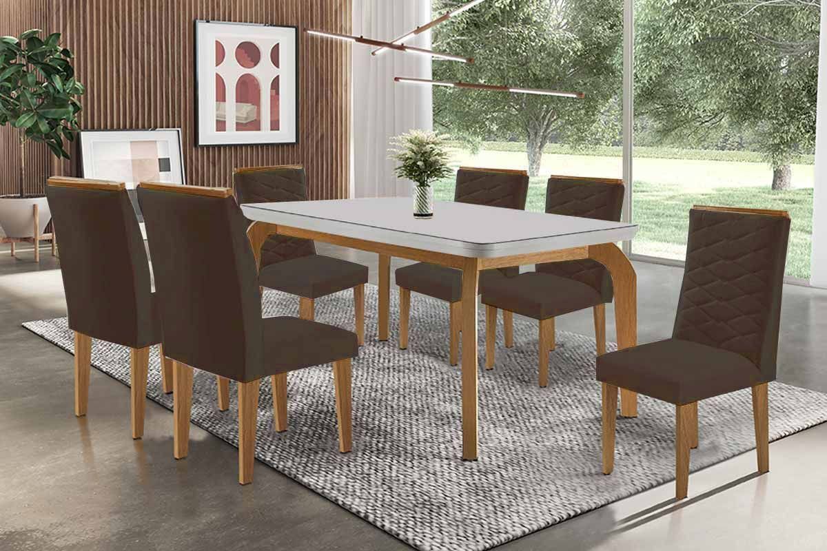 Sala Jantar Mesa Londrina Tampo c/ Vidro Curvo 180cm+6 Cadeiras Maldivas Madeira - Rufato
