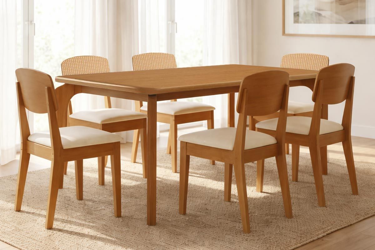 Sala Jantar Mesa Londrina Tampo Curvo 180cm+6 Cadeiras Havana - Rufato