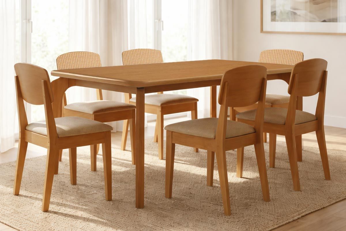 Sala Jantar Mesa Londrina Tampo Curvo 180cm+6 Cadeiras Havana - Rufato