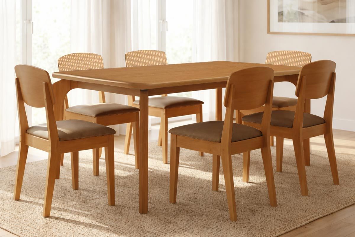 Sala Jantar Mesa Londrina Tampo Curvo 180cm+6 Cadeiras Havana - Rufato
