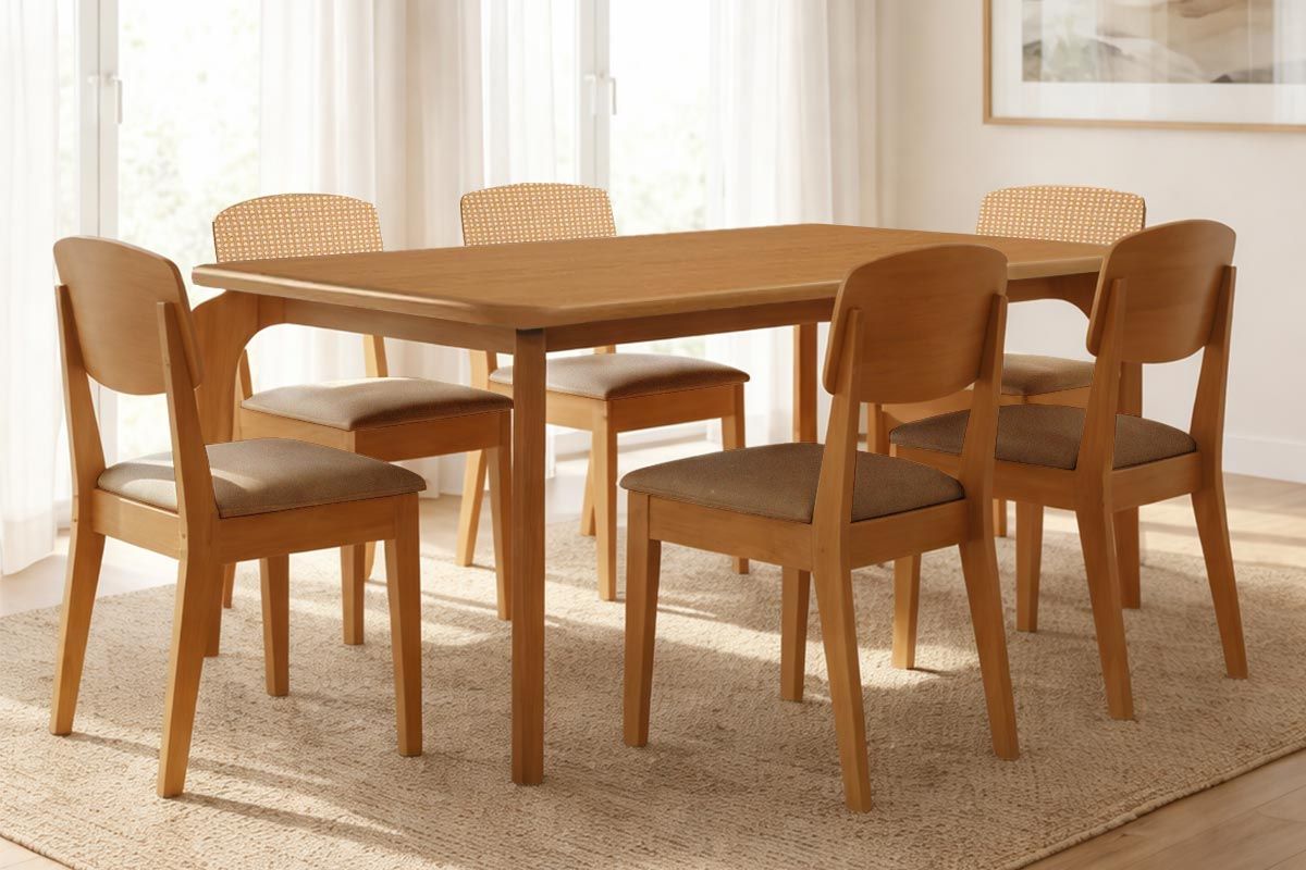 Sala Jantar Mesa Londrina Tampo Curvo 180cm+6 Cadeiras Havana - Rufato