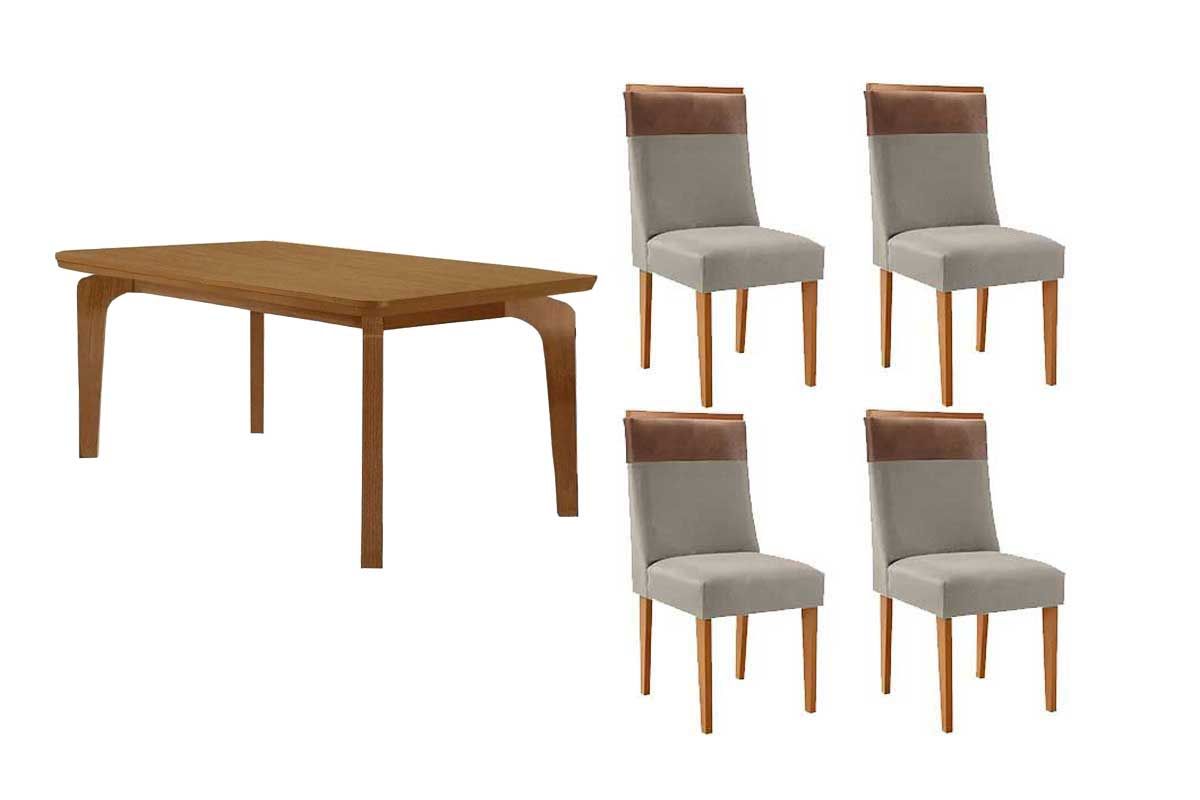 Sala Jantar Mesa Londrina Tampo Curvo 120cm+4 Cadeiras Jaspe Madeira - Rufato