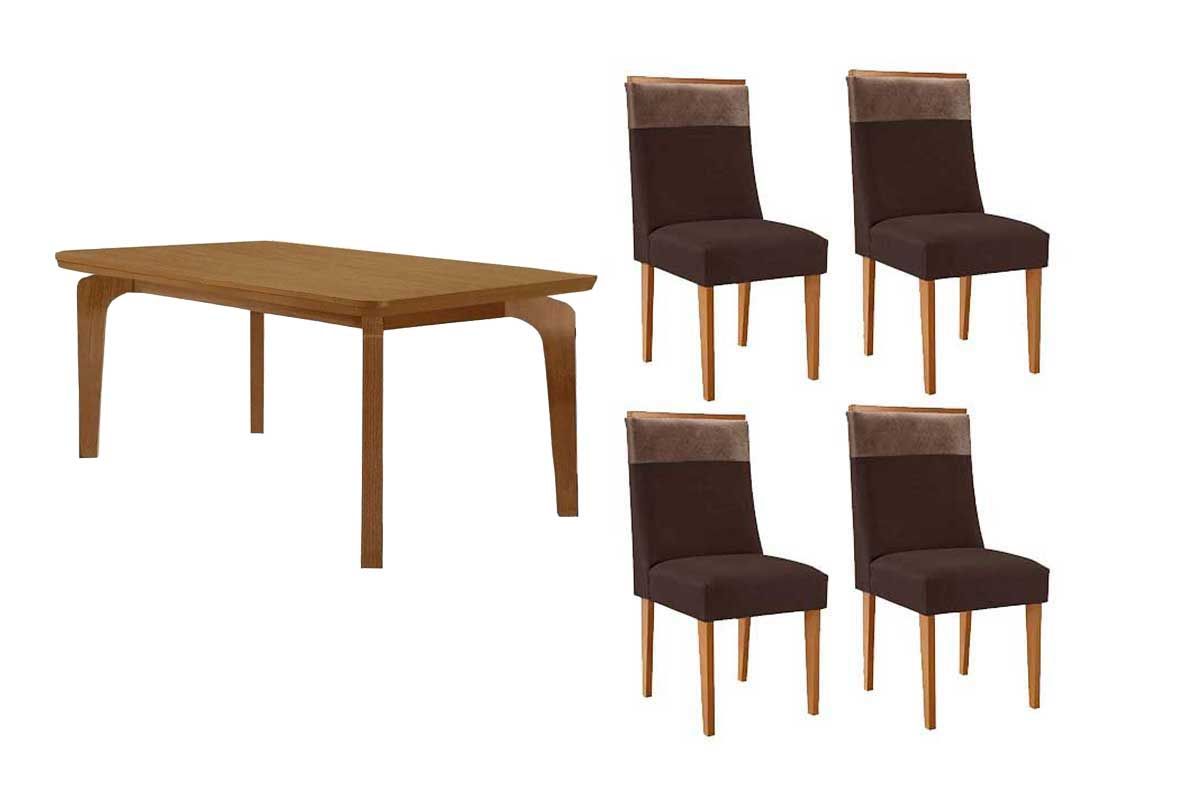Sala Jantar Mesa Londrina Tampo Curvo 120cm+4 Cadeiras Jaspe Madeira - Rufato