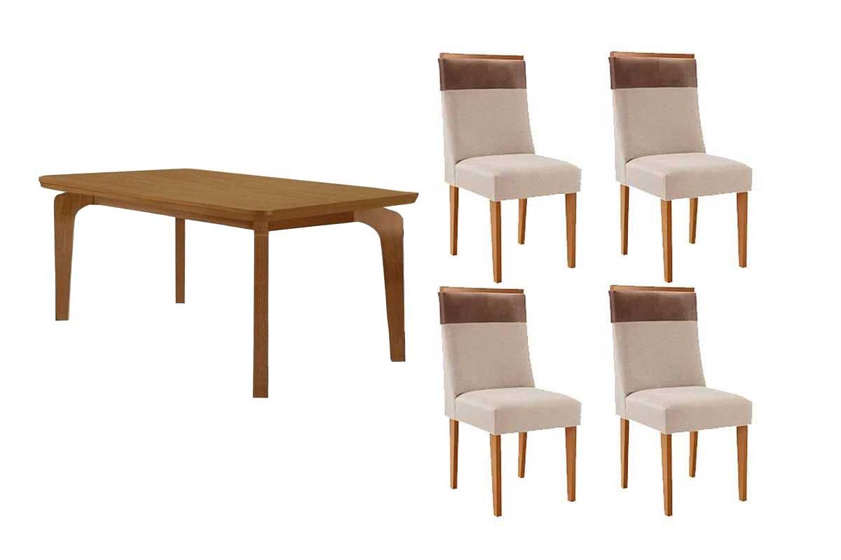 Sala Jantar Mesa Londrina Tampo Curvo 120cm+4 Cadeiras Jaspe Madeira - Rufato