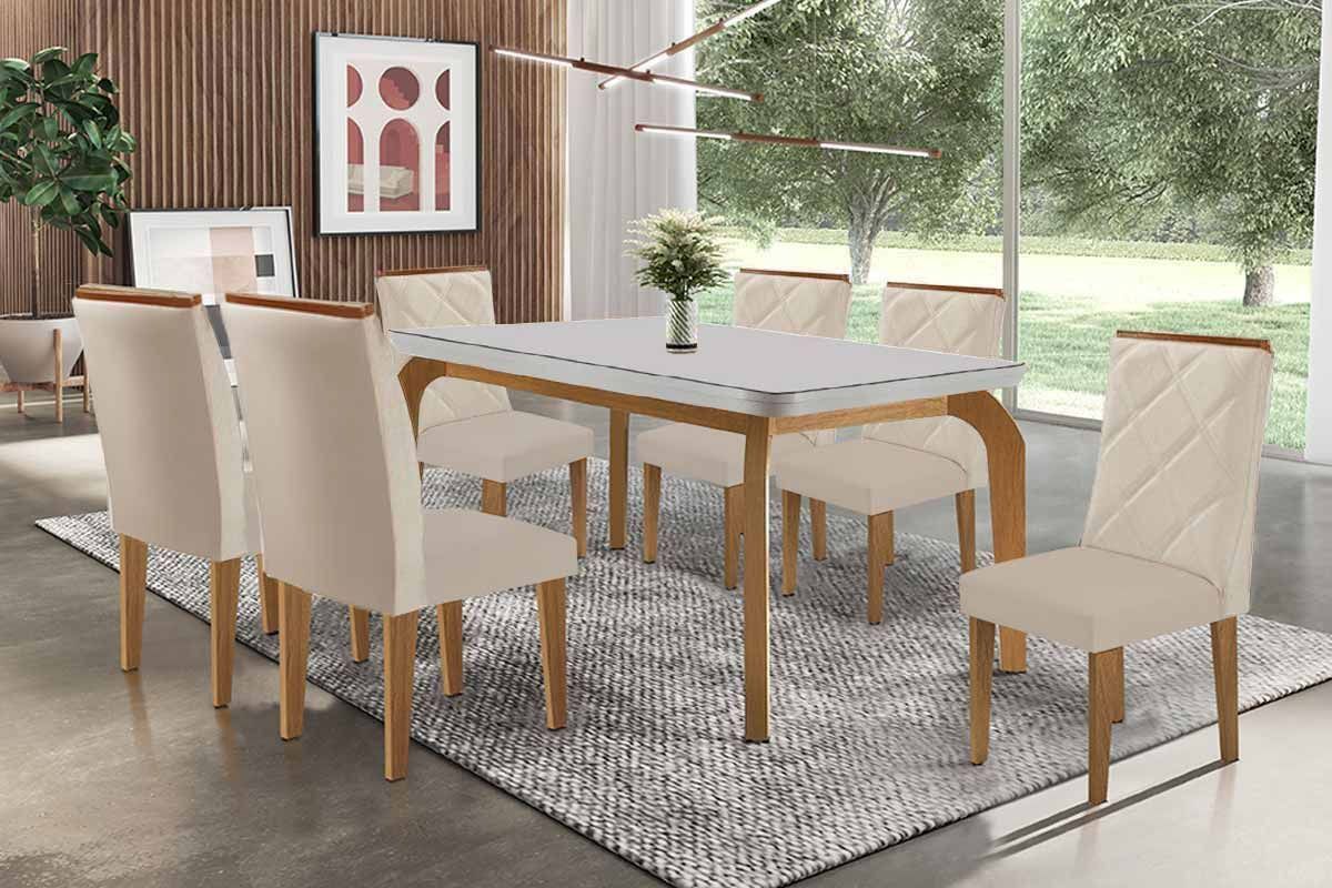 Sala Jantar Mesa Londrina Tampo c/ Vidro Curvo 180cm+6 Cadeiras Pietá Madeira - Rufato