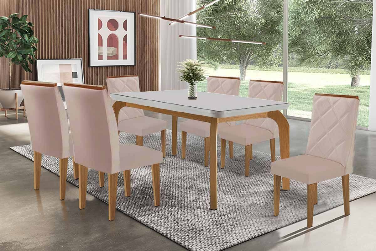 Sala Jantar Mesa Londrina Tampo c/ Vidro Curvo 180cm+6 Cadeiras Pietá Madeira - Rufato