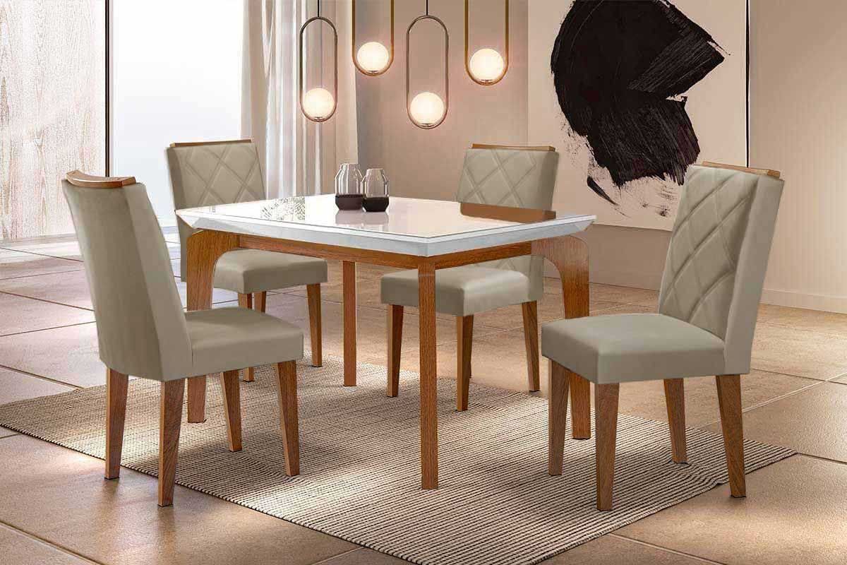 Sala Jantar Mesa Londrina Tampo c/ Vidro Curvo 120cm 4 Cadeiras Pietá Madeira - Rufato