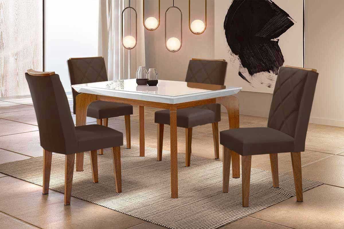 Sala Jantar Mesa Londrina Tampo c/ Vidro Curvo 120cm 4 Cadeiras Pietá Madeira - Rufato