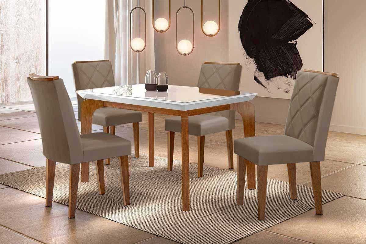 Sala Jantar Mesa Londrina Tampo c/ Vidro Curvo 120cm 4 Cadeiras Pietá Madeira - Rufato