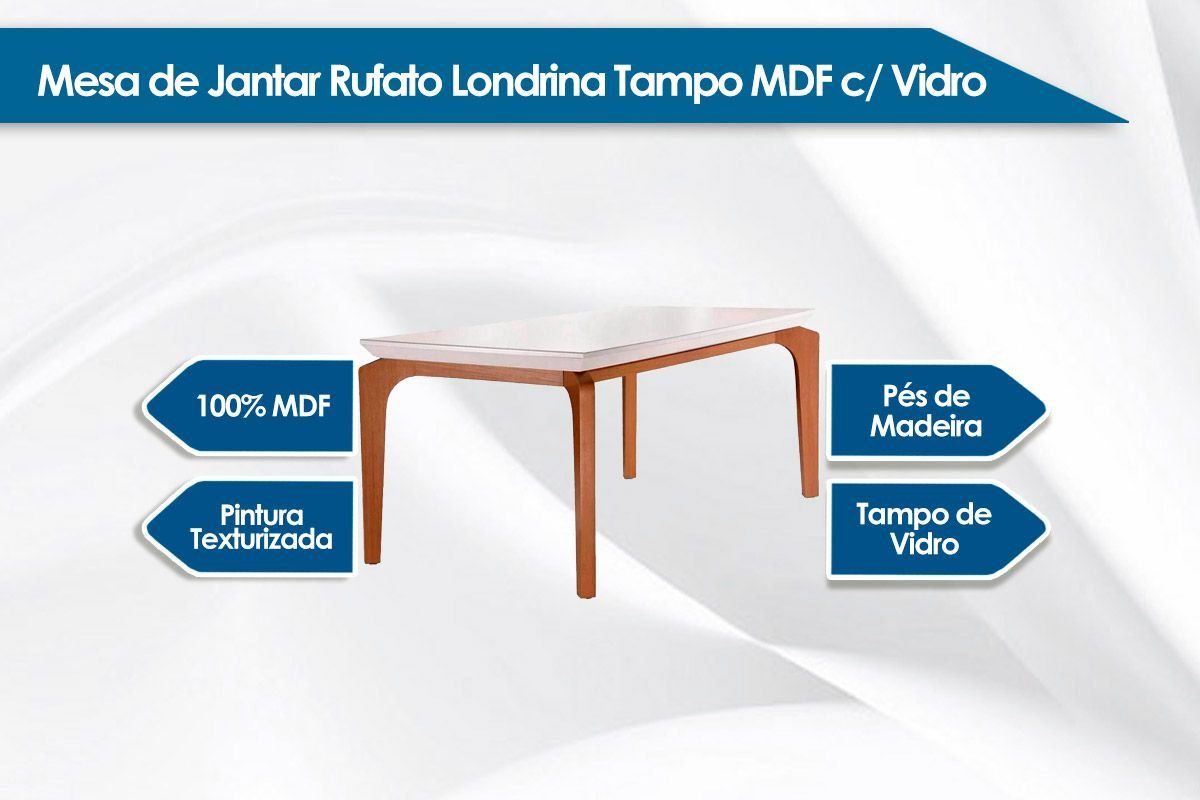 Sala Jantar Mesa Londrina Tampo c/ Vidro Curvo 180cm+6 Cadeiras Tilia Madeira - Rufato