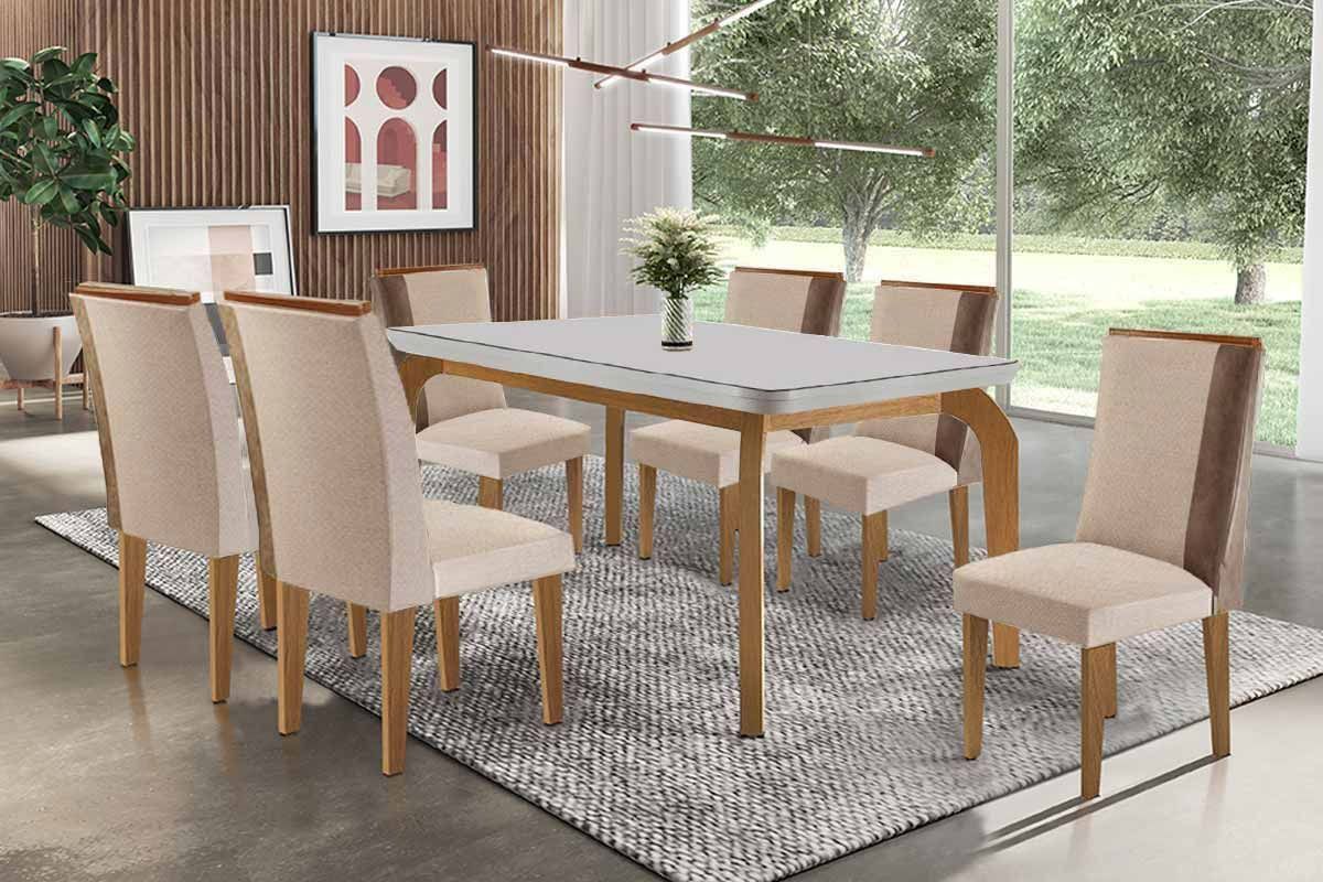 Sala Jantar Mesa Londrina Tampo c/ Vidro Curvo 180cm+6 Cadeiras Tilia Madeira - Rufato