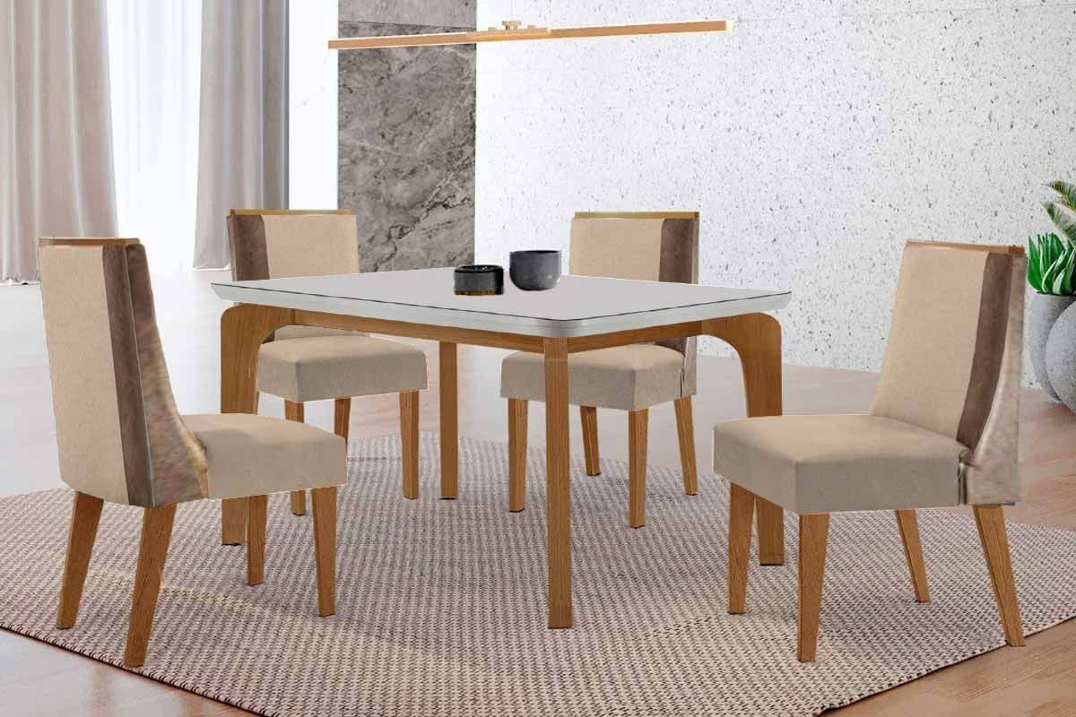 Sala Jantar Mesa Londrina Tampo c/ Vidro Curvo 120cm 4 Cadeiras Tilia Madeira - Rufato