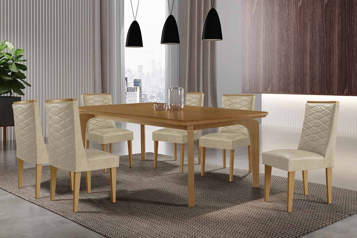 Sala Jantar Mesa Londrina Tampo Curvo 180cm+6 Cadeiras Dafne Madeira - Rufato