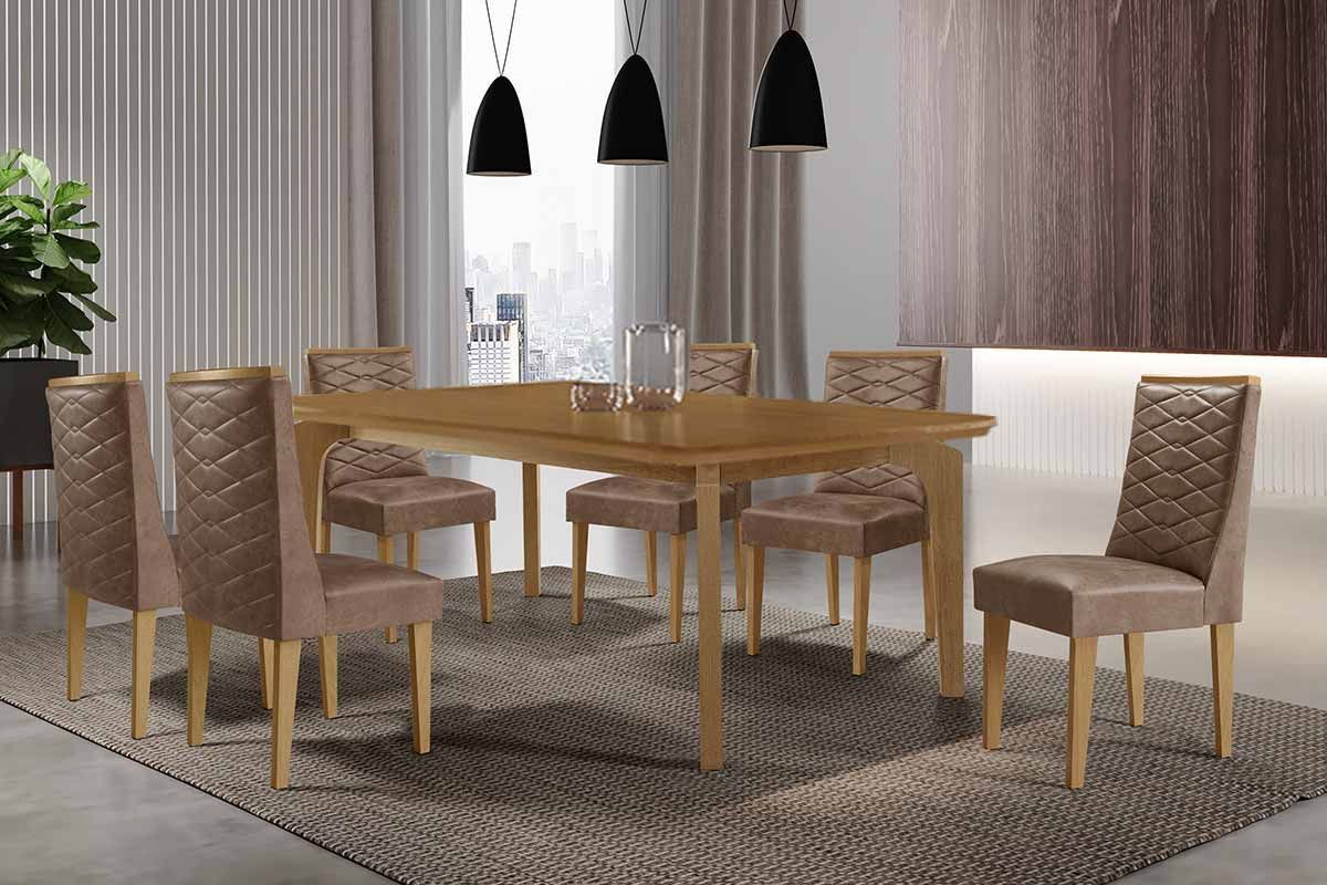 Sala Jantar Mesa Londrina Tampo Curvo 180cm+6 Cadeiras Dafne Madeira - Rufato