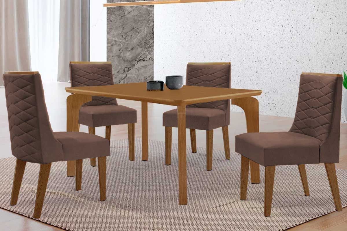 Sala Jantar Mesa Londrina Tampo Curvo 120cm+4 Cadeiras Dafne Madeira - Rufato
