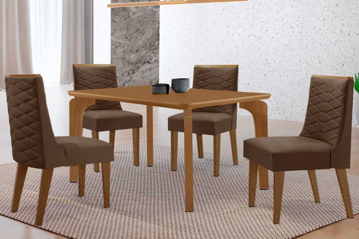 Sala Jantar Mesa Londrina Tampo Curvo 120cm+4 Cadeiras Dafne Madeira - Rufato