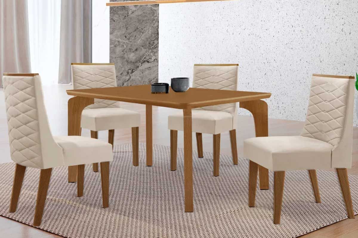 Sala Jantar Mesa Londrina Tampo Curvo 120cm+4 Cadeiras Dafne Madeira - Rufato