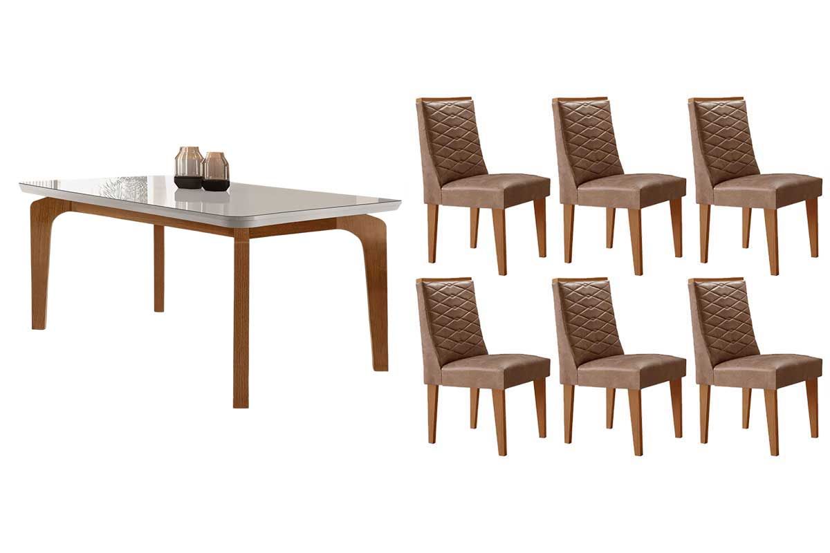 Sala Jantar Mesa Londrina Tampo c/ Vidro Curvo 180cm+6 Cadeiras Dafne Madeira - Rufato