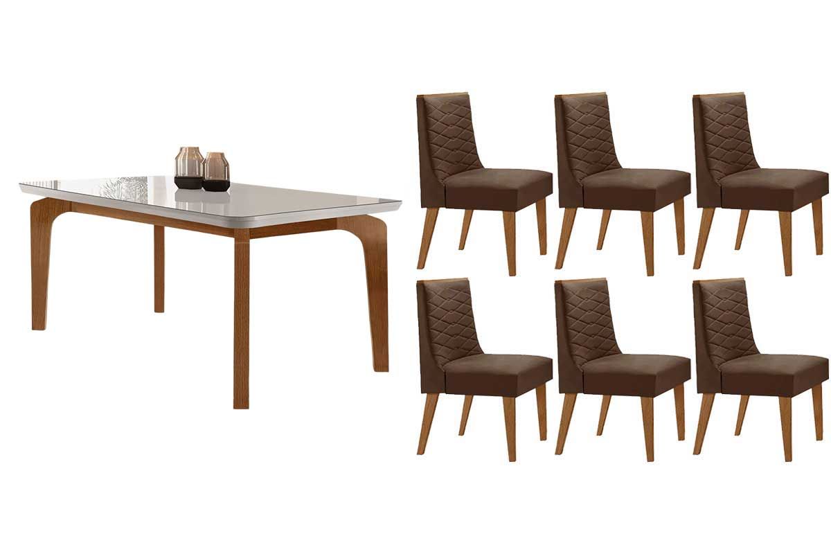 Sala Jantar Mesa Londrina Tampo c/ Vidro Curvo 180cm+6 Cadeiras Dafne Madeira - Rufato
