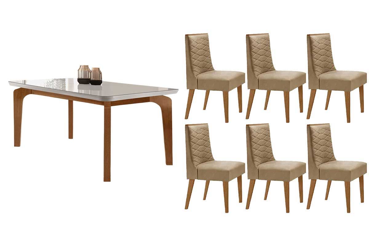 Sala Jantar Mesa Londrina Tampo c/ Vidro Curvo 180cm+6 Cadeiras Dafne Madeira - Rufato