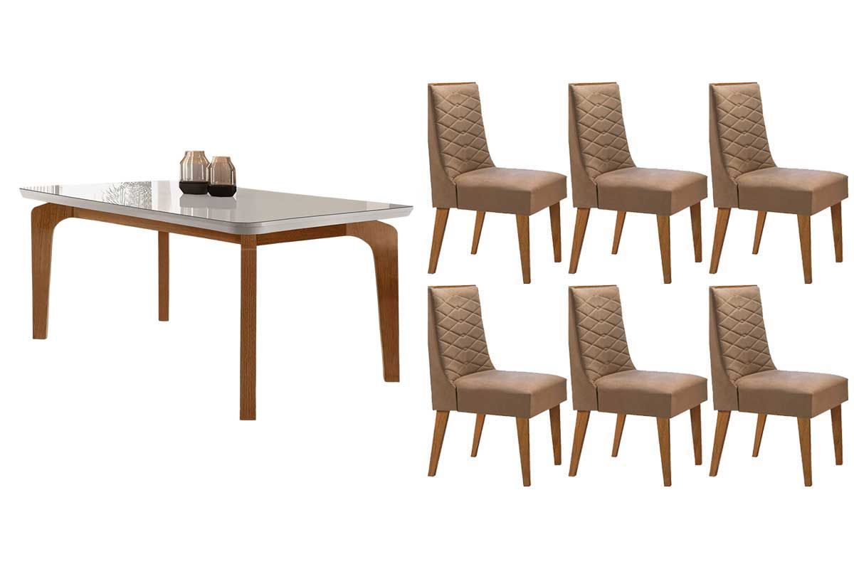 Sala Jantar Mesa Londrina Tampo c/ Vidro Curvo 180cm+6 Cadeiras Dafne Madeira - Rufato