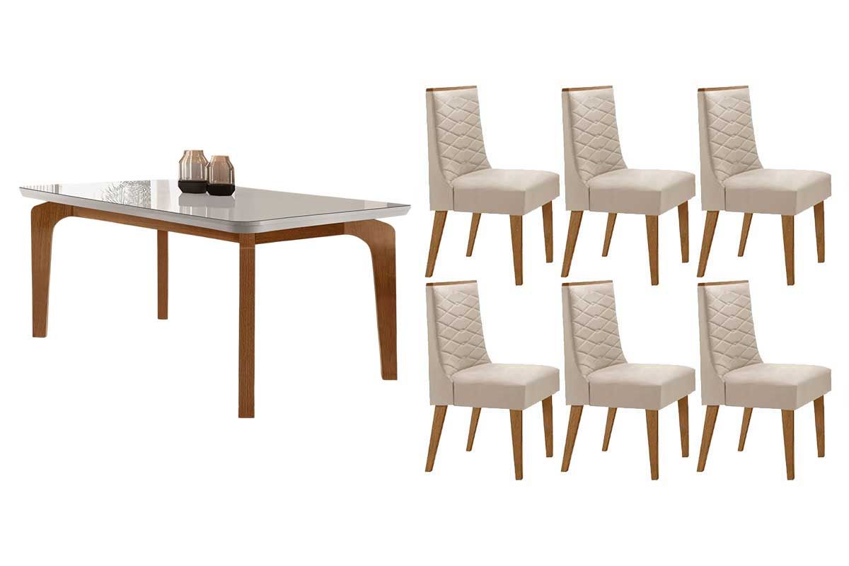 Sala Jantar Mesa Londrina Tampo c/ Vidro Curvo 180cm+6 Cadeiras Dafne Madeira - Rufato