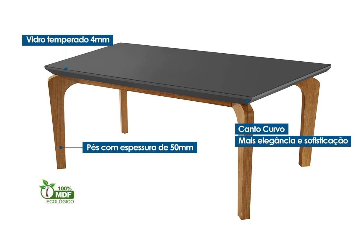 Sala Jantar Mesa Londrina Tampo c/ Vidro Curvo 180cm+6 Cadeiras Dafne Madeira - Rufato