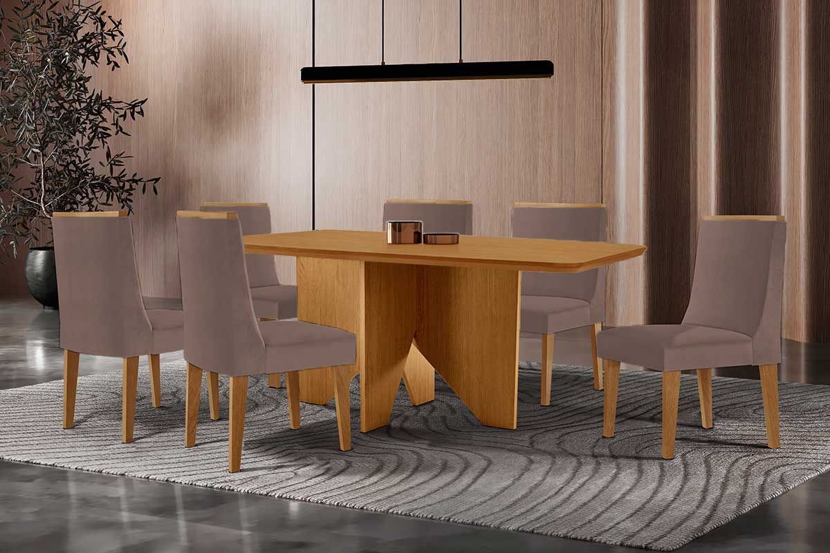 Sala Jantar Mesa Nevada Tampo Curvo 180cm+6 Cadeiras Dakota Madeira - Rufato