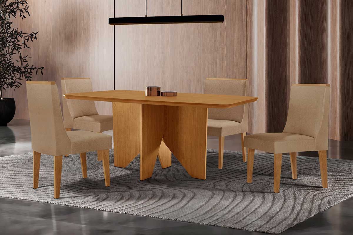 Sala Jantar Mesa Nevada Tampo Curvo 120cm+4 Cadeiras Dakota Madeira - Rufato
