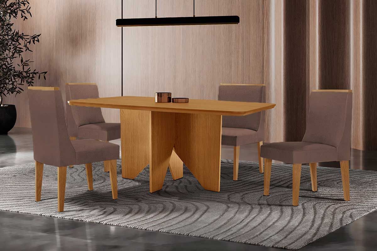 Sala Jantar Mesa Nevada Tampo Curvo 120cm+4 Cadeiras Dakota Madeira - Rufato