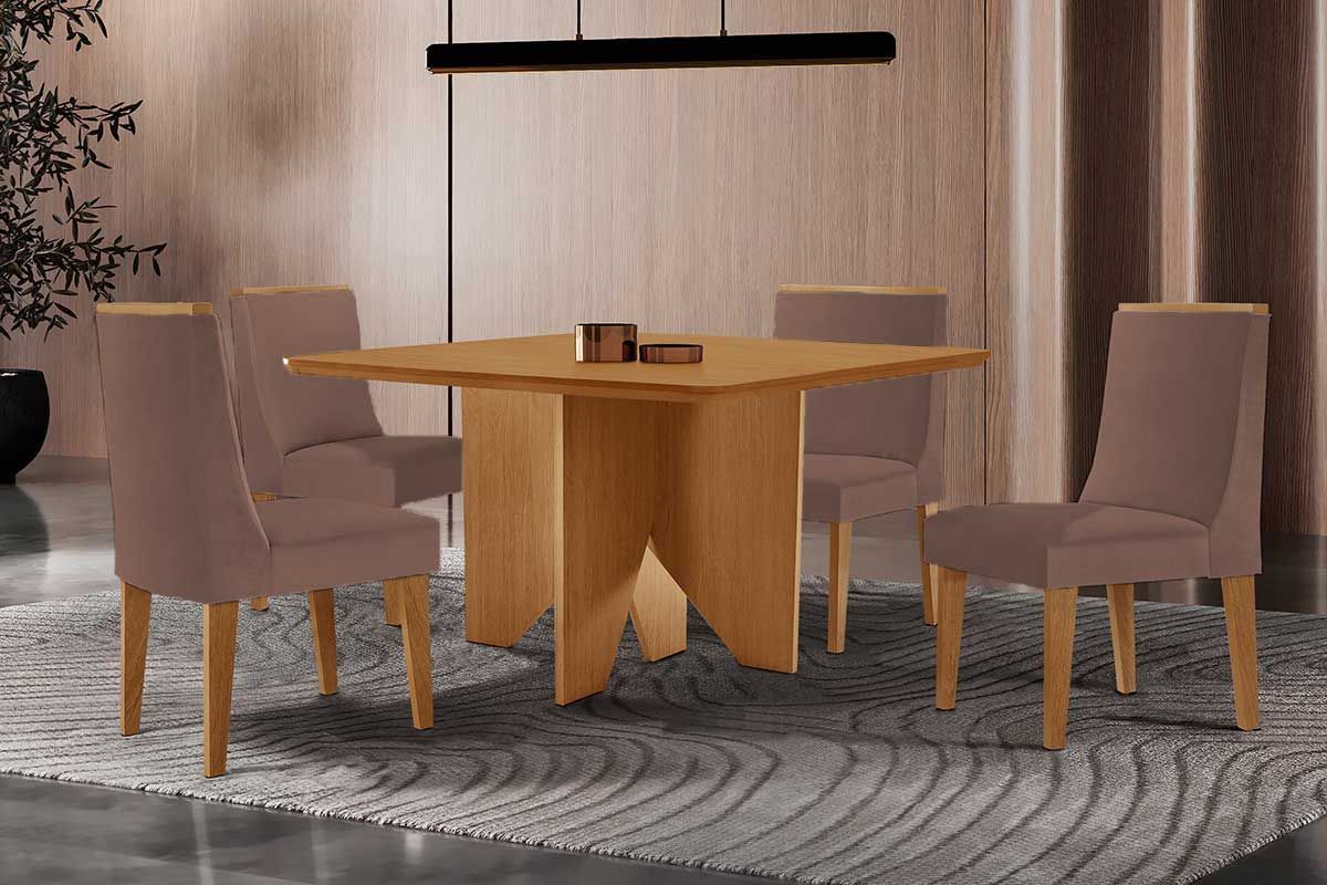 Sala Jantar Mesa Nevada Tampo Curvo 90cm+4 Cadeiras Dakota Madeira - Rufato