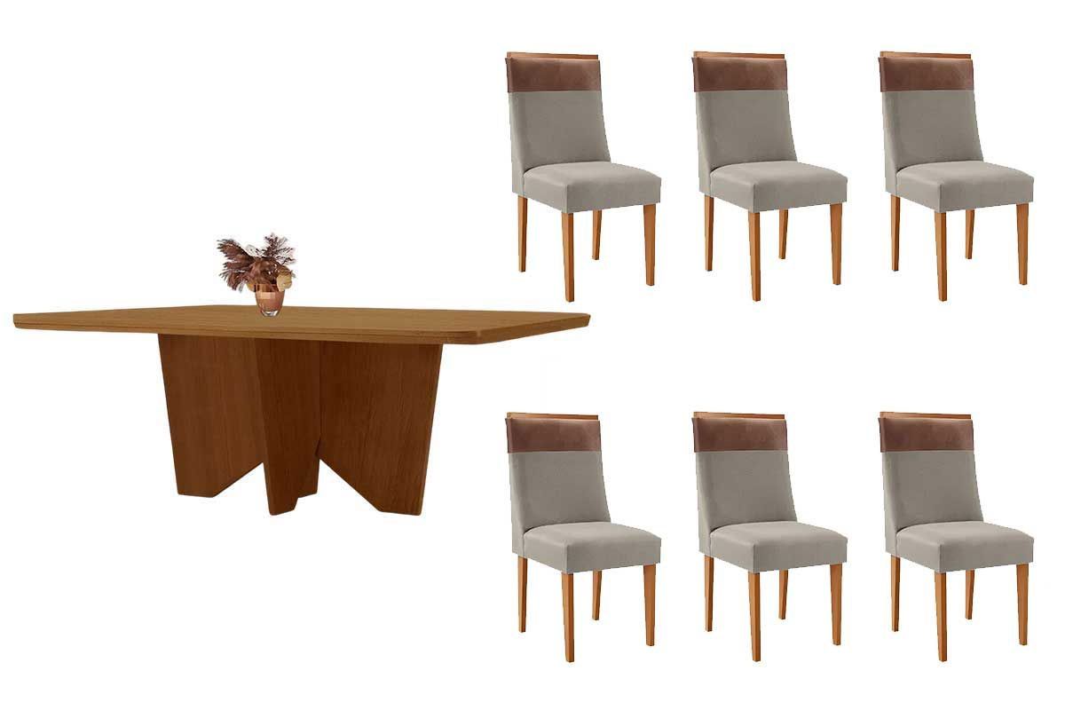 Sala Jantar Mesa Nevada Tampo Curvo 180cm+6 Cadeiras Jaspe Madeira - Rufato