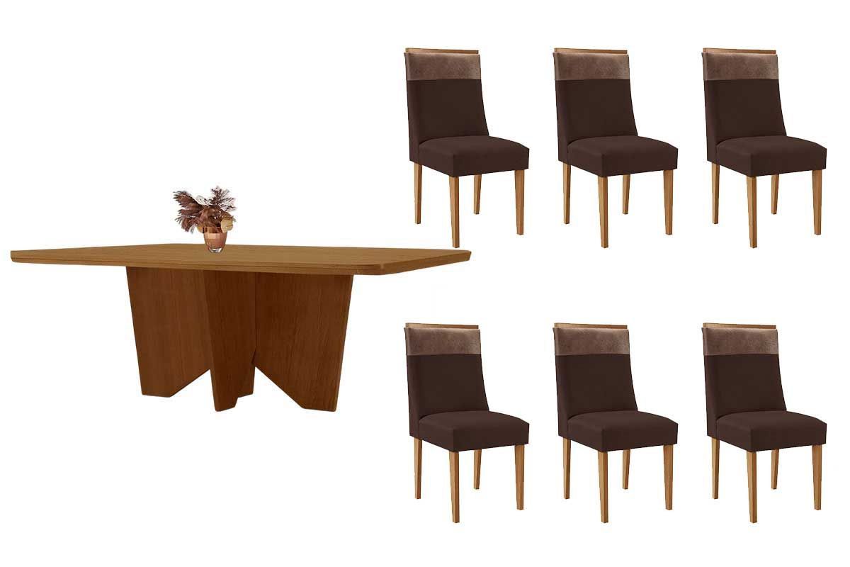 Sala Jantar Mesa Nevada Tampo Curvo 180cm+6 Cadeiras Jaspe Madeira - Rufato