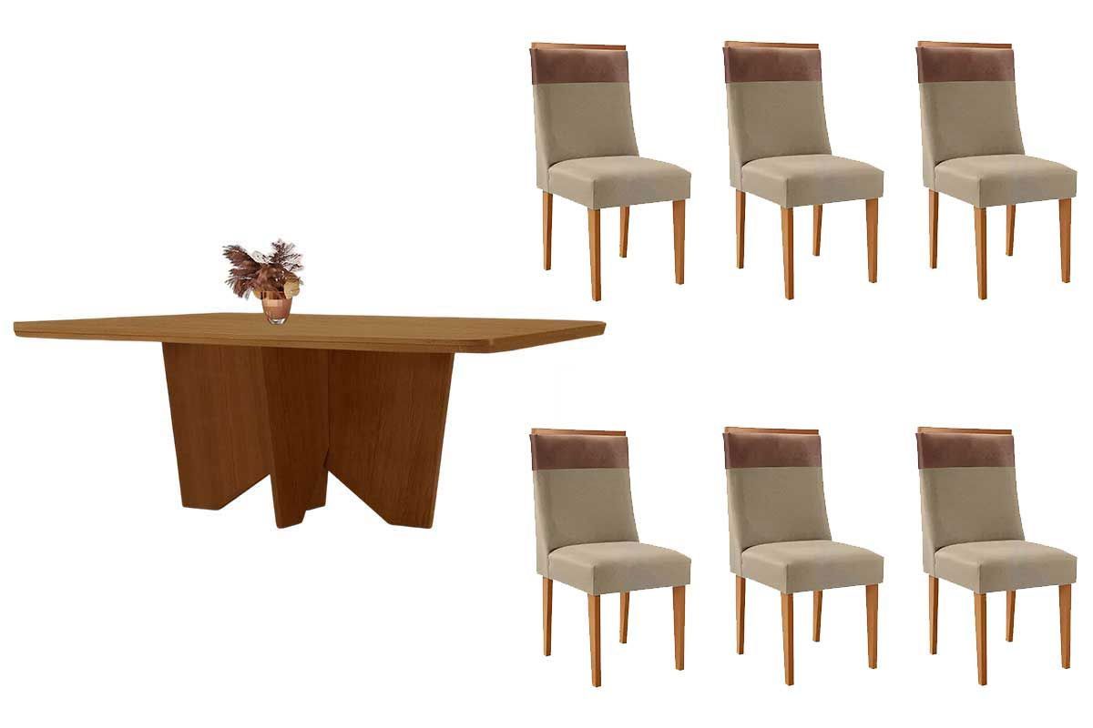 Sala Jantar Mesa Nevada Tampo Curvo 180cm+6 Cadeiras Jaspe Madeira - Rufato