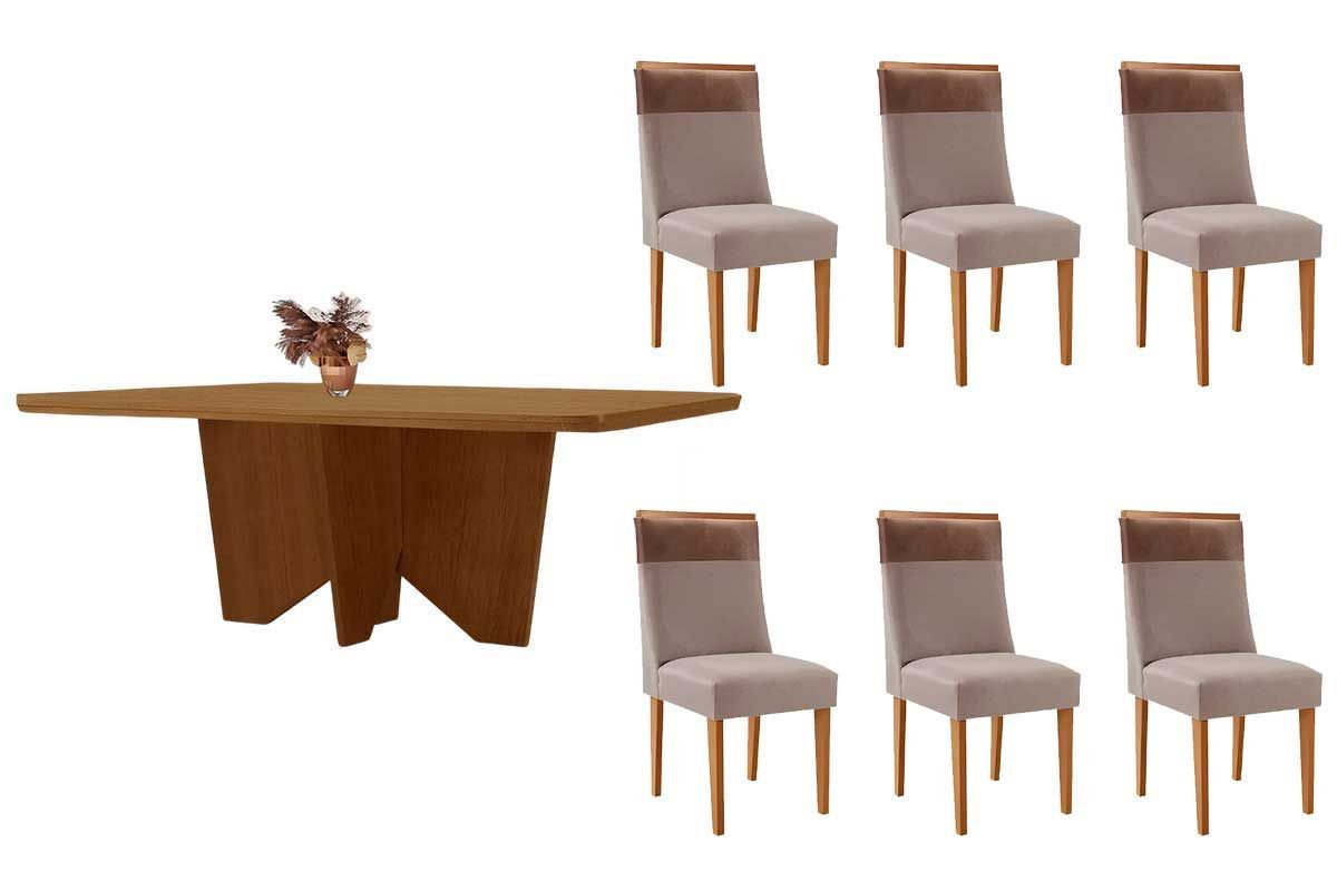 Sala Jantar Mesa Nevada Tampo Curvo 180cm+6 Cadeiras Jaspe Madeira - Rufato
