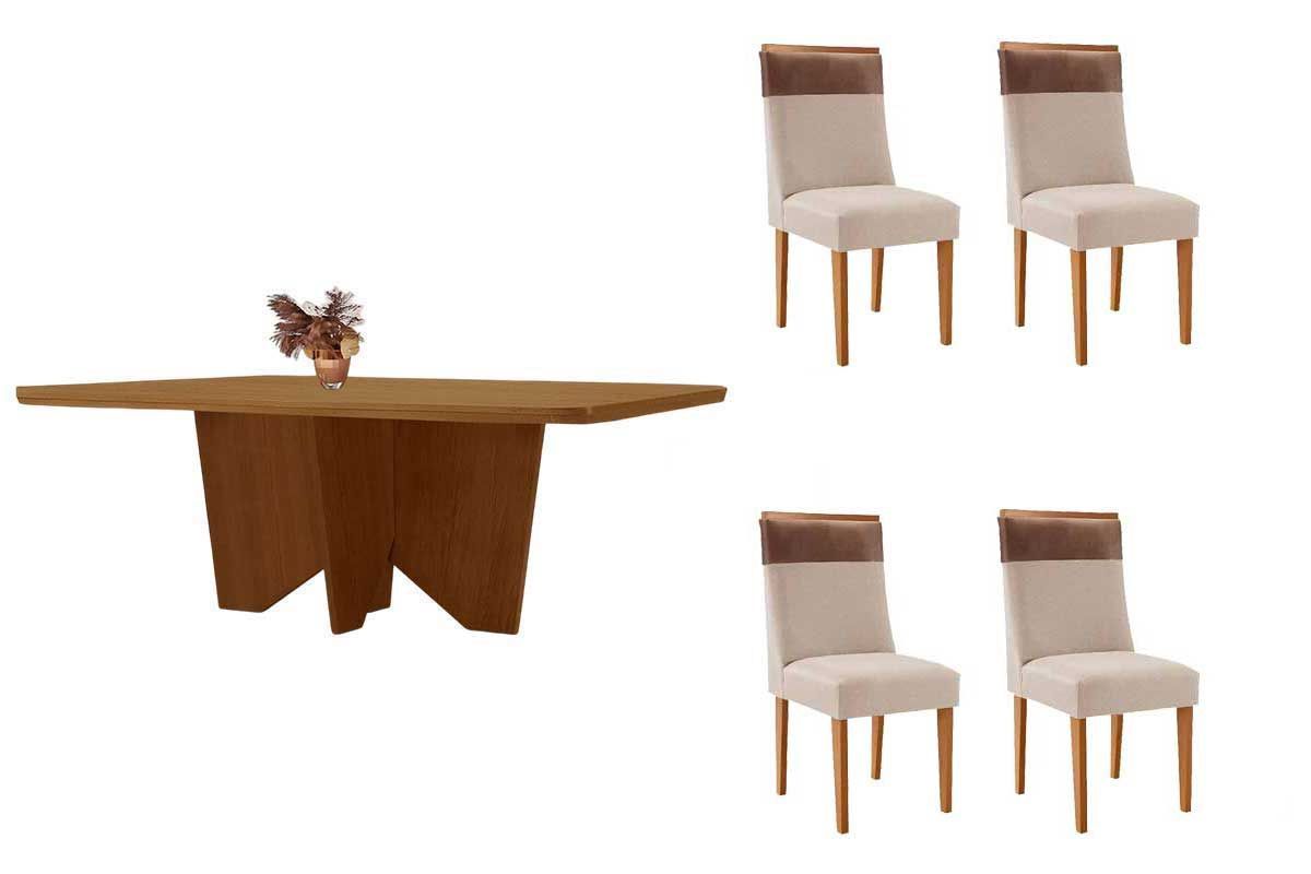 Sala Jantar Mesa Nevada Tampo Curvo 120cm+4 Cadeiras Jaspe Madeira - Rufato