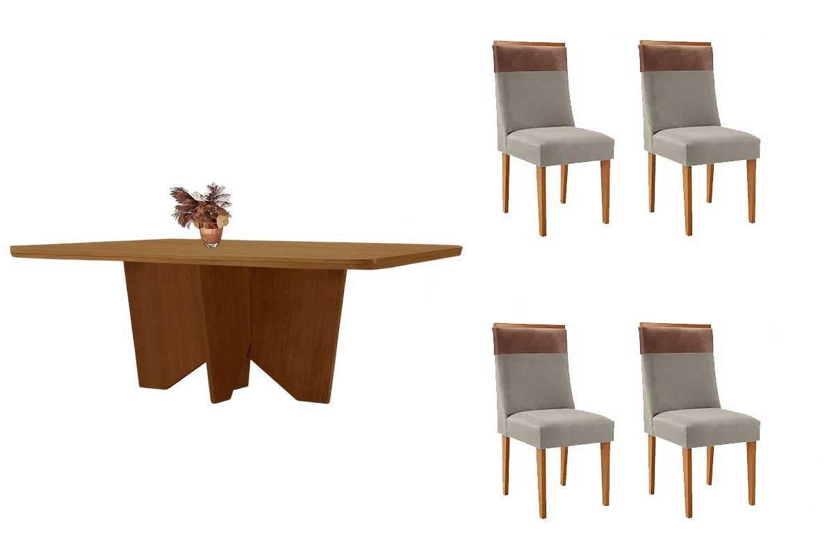 Sala Jantar Mesa Nevada Tampo Curvo 120cm+4 Cadeiras Jaspe Madeira - Rufato