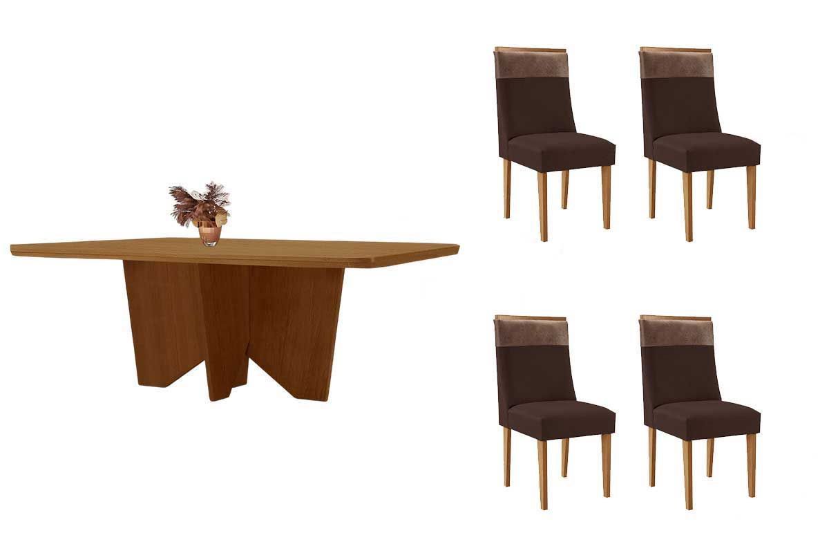 Sala Jantar Mesa Nevada Tampo Curvo 120cm+4 Cadeiras Jaspe Madeira - Rufato