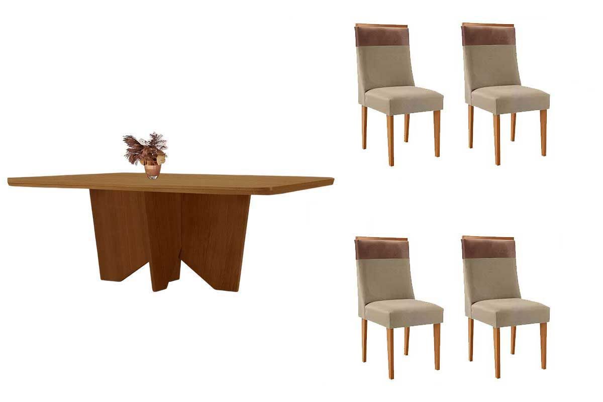 Sala Jantar Mesa Nevada Tampo Curvo 120cm+4 Cadeiras Jaspe Madeira - Rufato